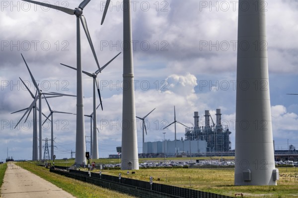 Magnum gas-fired power plant, operator RWE Power, with a capacity of 1410 megawatts, in the seaport of Eemshaven, operator RWE Power, wind farm, Netherlands