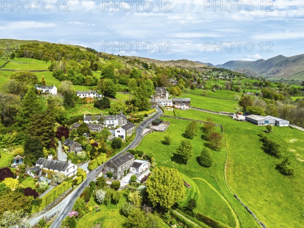 Farms and Fields from a drone, Townend house, Troutbeck, Windermere, Lake District, Cumbria, UK