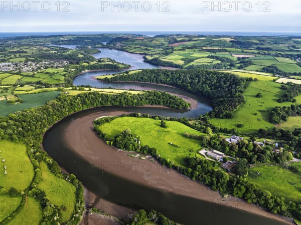 Farms and Fields over River Dart from a drone, Stoke Gabriel, Totnes, Devon, England, United Kingdom