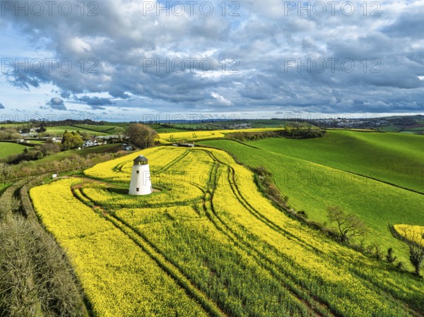 Rapeseed fields and Farms over Devon Windmill from a drone, Torquay, Devon, England, United Kingdom