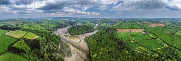 Panorama of Farms and fields over River Emme from a drone, Mothecombe, South Devon, England, United Kingdom