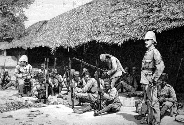 German East Africa, Schutztruppe, Colonial troops, German colonial empire, Cleaning the weapons, Illustration from 1894, Reproduction, digitally enhanced, Historical