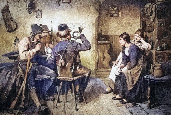Hunting horn players in the tavern, Austria, coloured wood engraving, reproduction of a model from ca 1888, Historical, A rustic scene in a hut with three men and two woman in traditional dress