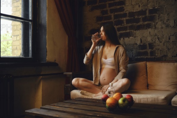 A pregnant woman sits in a cozy room, sipping water while gazing out a window. She is seated comfortably on a sofa, wearing a simple outfit, surrounded by fresh fruits on a wooden table