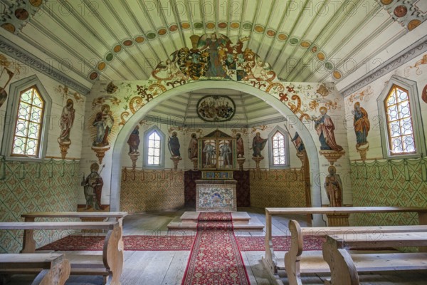 Catholic St Anne's Chapel, interior, Mannerist paintings, oldest wooden chapel in the Alps, Rohrmoos, Rohrmoostal, near Oberstdorf, Oberallgäu, Allgäu, Bavaria, Germany