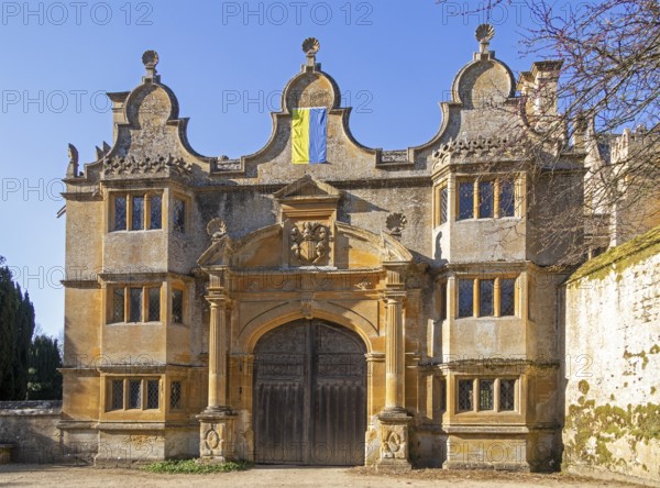 Entrance portal, Ukrainian flag, Stanway House, Stanway, The Cotswolds, England, Great Britain