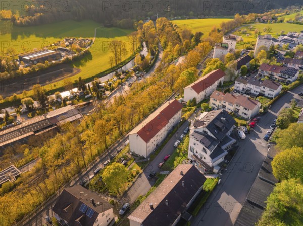 Overview of a residential area with streets and green trees in spring light, Nagold, district of Calw, Germany