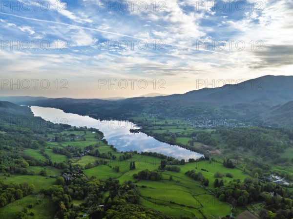 Farms over Coniston Water from drone, Lake District National Park, Cumbria, UK