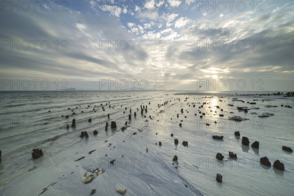 Structures in the sand at sunrise on Sivalai Beach, Koh Mook Island, Satun Province, Southern Thailand, Thailand