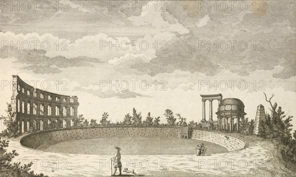 Pool and ruins on a hill opposite Sanssouci, Potsdam, Germany, c. 1880, digitally restored reproduction of a 19th century illustration, historical, exact date unknown