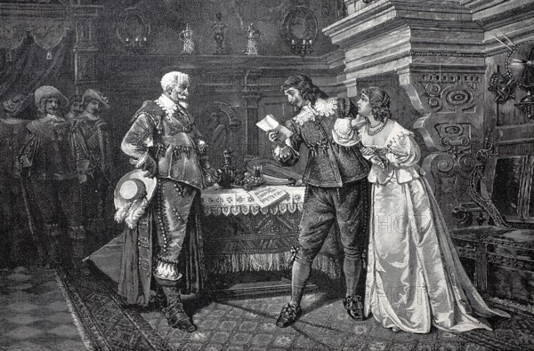 An arrest, the accused reads the warrant, from the time of Richelieu of Boppo 1585, France, Historical, digitally restored reproduction from a 19th century original, Record date not stated
