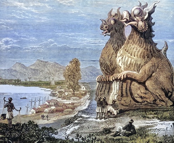 Dragon figures at the Irrawaddy, Myanmar, Burma, coloured wood engraving, Reproduction from a model from ca 1888, Historical, Monumental statues overlooking coastal town with ships and mountains