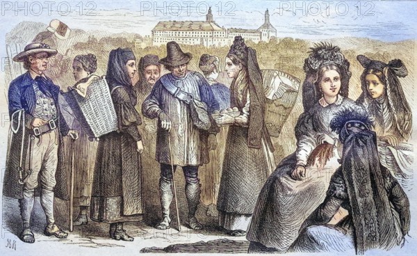 Thuringian folk costumes, Thuringia, Germany, coloured wood engraving, reproduction from a model from ca 1888, historical, group of people in traditional dress in a village life