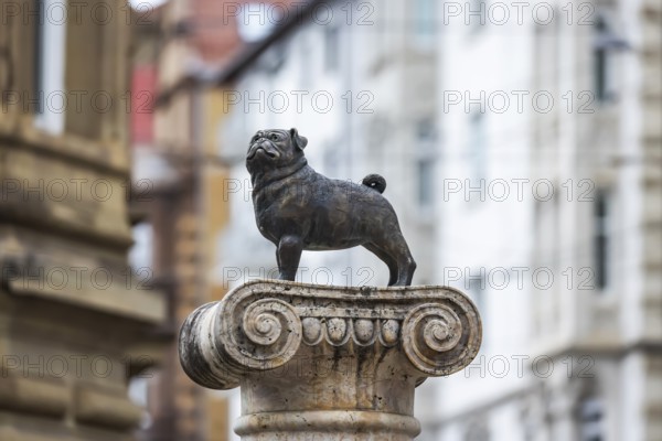 Loriot memorial with pug. In memory of Vicco von Bülow, who began his career in Stuttgart. Stuttgart, Baden-Württemberg, Germany