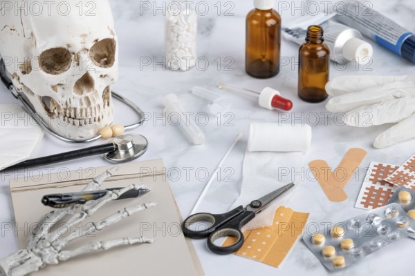 Medical tools and skull including dressing material
