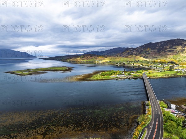 Loch Long Bridge or Dornie New Bridge from a drone, Loch Long River, Highlands, Scotland, England, United Kingdom