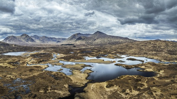 Rannoch Moor from a drone over Loch Ba and Loch of the Armpit, A82 Highland Way, Argyll and Bute, West Highlands, Scotland, United Kingdom