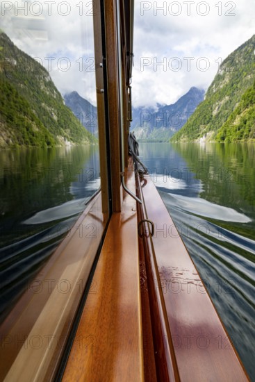 Mountains and lake reflected in the windscreen of the excursion boat at Königssee, Berchtesgaden National Park, Schönau am Königssee, Berchtesgadener Land, Upper Bavaria, Bavaria, Germany