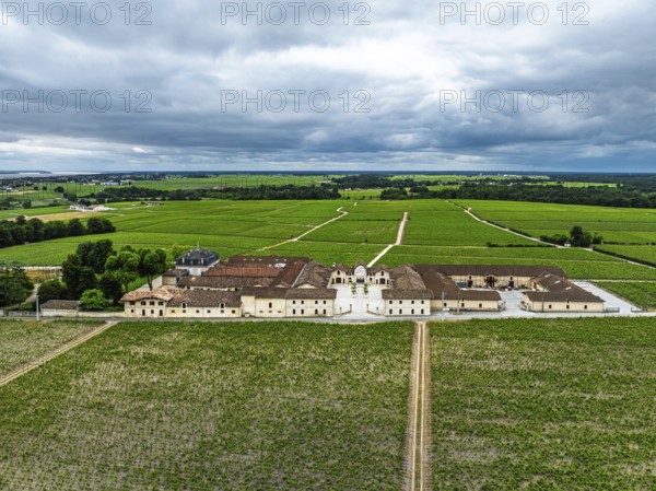 Chateau Pontet-Canet Vineyard and grape fields around Pauillac and Gironde Estuary from a drone, Bordeaux, Gironde, Nouvelle-Aquitaine, France