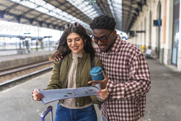 Young multi ethnic couple consulting a map on a train station platform, planning their next destination during their vacation