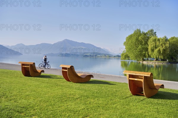 Wooden loungers on Lake Zug, behind the Rigi, Villette, Park, Cham, Canton Zug, Switzerland