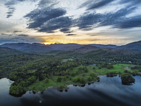 Sunset over Windermere Lake from a drone, Ambleside, Lake District, Cumbria, England, United Kingdom