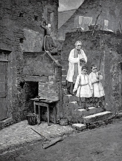The last sacraments, Priest with altar boys leaving a house in which someone has died and he has administered the last rites, In the background a woman mourns, 1880, France, Historical, Digitally restored reproduction from a 19th century original, Record date not stated