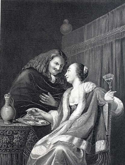 Man Serving a Tray of Oysters to a Woman, 1680, France, Historical, digitally restored reproduction of a 19th century original, A man and a woman sit close to each other in a private moment at a drinking party