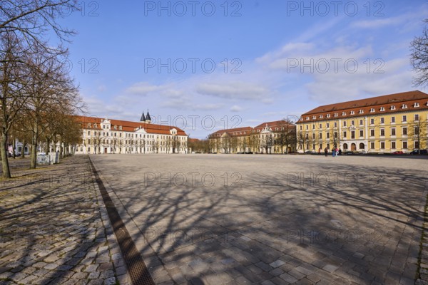 State parliament, hotel, Motel One, Ministry of Justice, row of houses, historic building, baroque architectural style, bare winter trees, square of cobblestones, blue sky, cumulus clouds, cathedral square, Magdeburg, state capital, independent city, Saxony-Anhalt, Germany