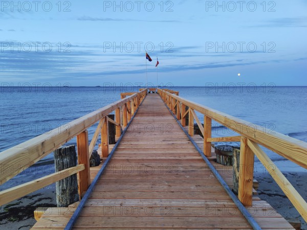 New South Beach Bridge in the early morning with full moon, South Beach, Wyk auf Föhr, North Frisia, Germany