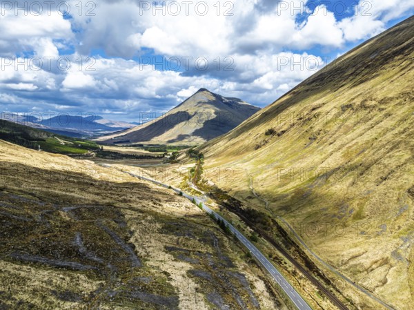 Montaims over West Highland Way A82 from a drone, Clifton, Crianlarich, Highland, Scotland, UK