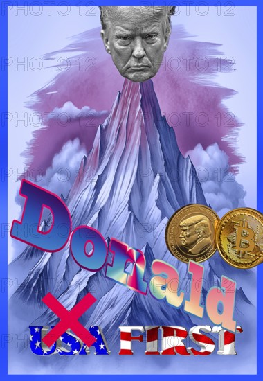 Symbolic image, Trump as a mountain top, towers over the USA, Bitcoin king, kleptocracy, price development, Bitcoin questionable due to extreme energy requirements, stock market prices, insecure digital currency, resources, energy, industry, economy critical, stock market hype, stock market crash, payment, insolvency, wrong decisions, maximum profit, profit slump, share prices, Germany as a business location, global economy, globalisation, environmental protection, mafia, Trump government, Bitcoin rally, cryptocurrency, electronic wallet, crypto reserve, stock market trading, gold substitute currency