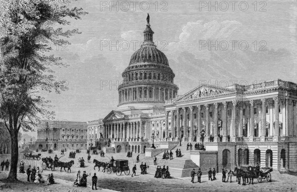 Dome of the Capitol Building, seat of the US Congress, legislature, architecture, architectural style classicism, horse-drawn carriages, walkers, stairs, columns, Washington D.C., North America, historical illustration 1888