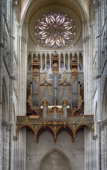 Interior view, west gallery, main organ, rose window, Cathédrale Notre-Dame d'Amiens, Amiens, Somme, France