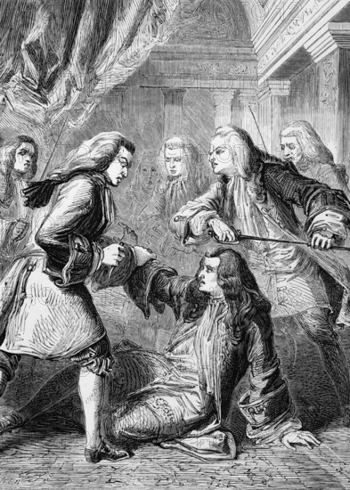 The attempted assassination of Robert Harley, First Lord of the Treasury and Prime Minister to Queen Anne, on 8 March 1711 by a French fugitive, Marquis De Guiscard, who was being questioned for treason in front of the Crown Council, England, digital reproduction of a historical original