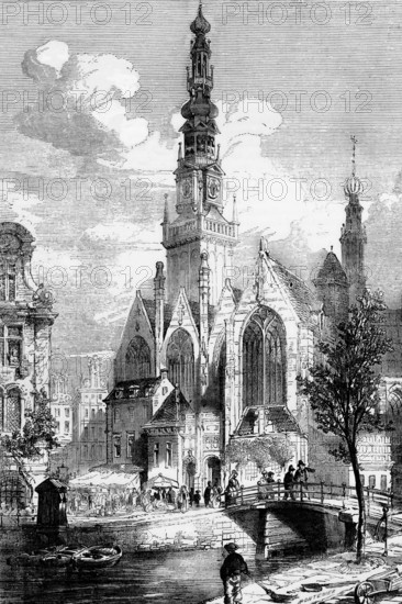 The Oude Kerk is Amsterdam's oldest building and oldest parish church. It was consecrated in 1306 by the Bishop of Utrecht with St Nicholas as its patron saint and became a Calvinist church after the Reformation in 1578, here around 1820, digital reproduction of a historical model