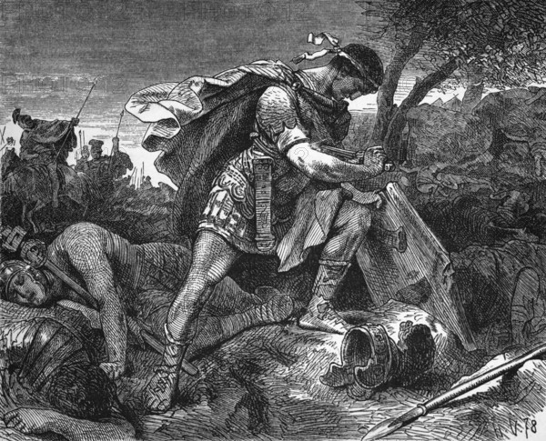 The suicide of Brutus after the Battle of Philippi, Greece, 23 October 42 BC, digital reproduction of a historical model