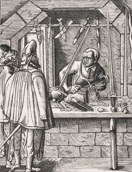 Swordmaker. Reproduction of a woodcut from the 16th century by Jost Amman from the 19th century, digital reproduction of a historical model