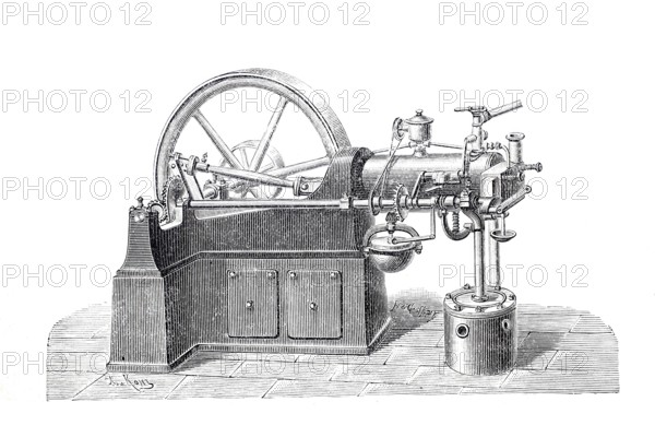 Horizontal engine, gas engine, by Nicolaus August Otto (10 June 1832 to 26 January 1891) was a German inventor of many details still used today in internal combustion engines, historical, digitally enhanced reproduction of a 19th century model
