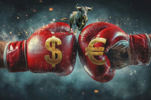 Symbolic image, boxing gloves with dollar and euro sign for supremacy, bull stands for stock market boom, Wall Street and Dax upswing, President Trump's erratic decisions, global tariffs, tariffs, share prices, euro, euro exchange rate, euro high, exchange rates, dollar parity, investment, recession worries, inflation, exports, raw materials and primary products in dollars, oil in dollars, world crisis, Ukraine war, Germany, loss of democracy, autocracy, China, Russia