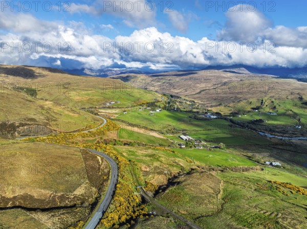 Farms and Moors over Loch Harport from a drone, Drynoch, Isle of Skye, Highlands, Scotland, United Kingdom