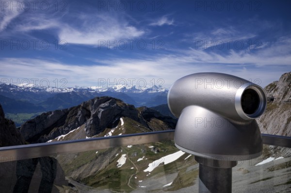 Binoculars, telescope, view from Pilatus Kulm mountain station to Swiss mountain range, Alps, snow-covered, Canton Lucerne, Switzerland