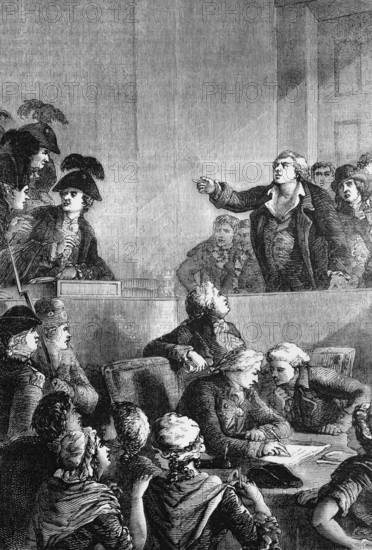 Georges Jacques Danton, a leading figure in the early phase of the French Revolution, defends himself in front of the tribunal against various (political) accusations in connection with his actions, France, digital reproduction of a historical model