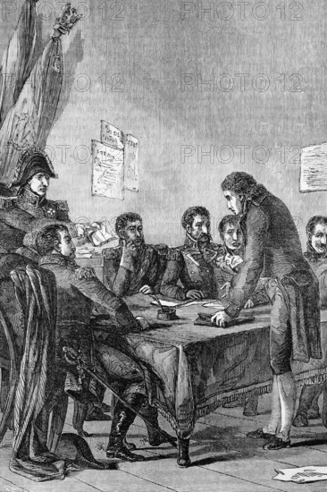 The trial of Johann Philipp Palm was a German bookseller who published a critical pamphlet about Napoleon in 1806. He was executed on Napoleon's orders after a mock trial in Braunau on the Bavarian-Austrian border, digital reproduction of a historical original