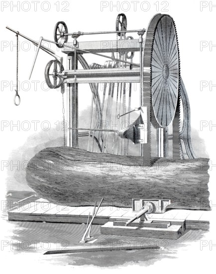 Sawmill, Endless band saw, Historical, digitally enhanced reproduction of a model from around 1860