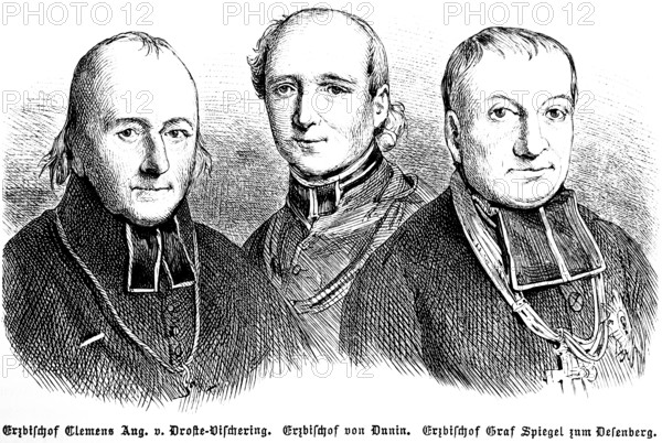 Archbishop Baron Clemens August von Droste-Vischering, Archbishop of Dunin sentenced to prison, Count Spiegel zum Oesenberg, high clergy in resistance, portrait, Prussia, historical illustration 1896