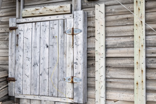 Nails on the wall of a hunting hut, protection from polar bears, wooden hut, Bamsebu, Spitsbergen, Svalbard