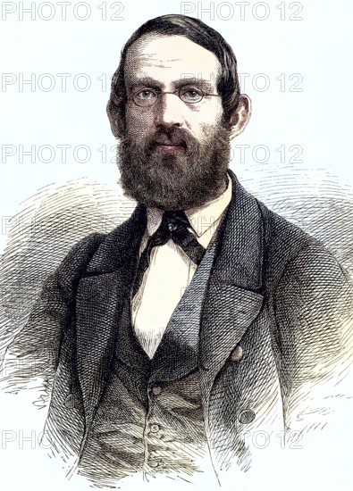 Matthäus Friedrich Chemnitz, 1815-1870, wrote the text for the Schleswig-Holstein song in 1844, coloured woodcut from 1864, portrait of a man with a beard in a formal suit. Expressive eyes, drawn in detail