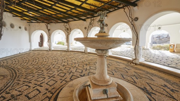 Open atrium with central fountain and detailed mosaic pattern in the floor, Kalithea, Kallithea, thermal baths, thermal baths, bathing complex, Rhodes, Dodecanese, Greek Islands, Greece