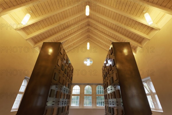 Modern columbarium in the old mourning hall, interior with urn chambers, Cologne Melaten Cemetery, Cologne, North Rhine-Westphalia, Germany